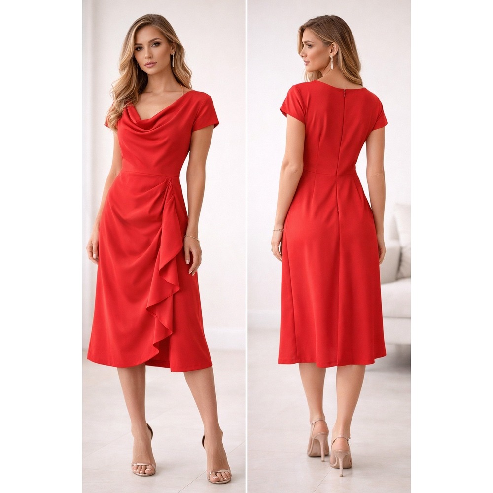 FEHAUTE Red Cowl Neck Ruffle Wrap Midi Cocktail Dress Short Sleeve US 14 NEW